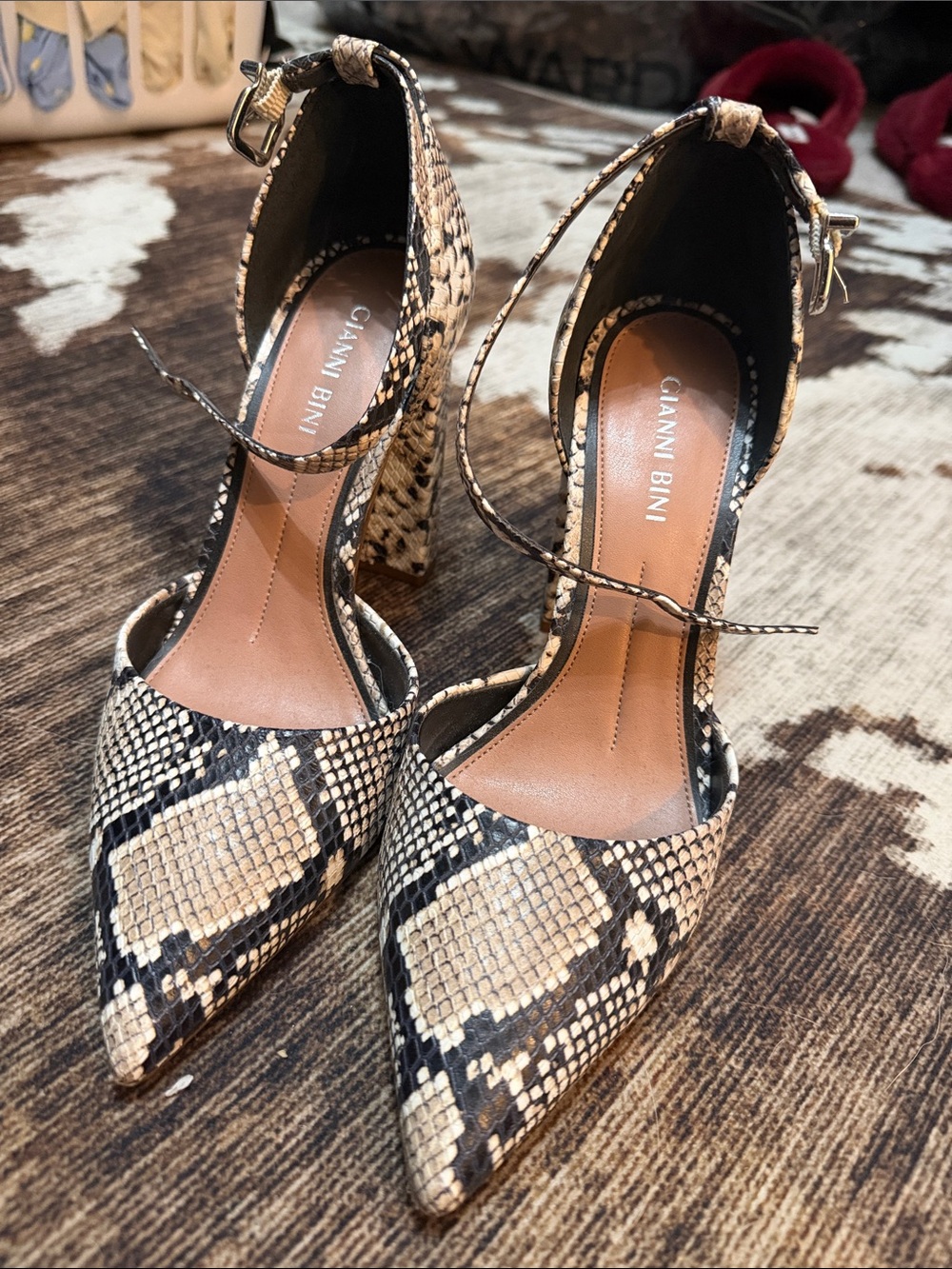 Gianni Bini Tan and Black Snake-Print Pointed Ankle-Strap Heels